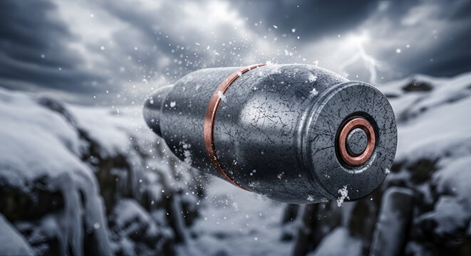 Silver bullet in snowy mountain landscape with dramatic sky and falling snow 3D render for extreme sports and adventurous concepts