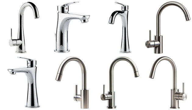 Collection of modern chrome and brushed metal kitchen and bathroom faucets isolated on transparent background.