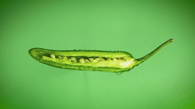 Sliced Green Chili Pepper with Water Droplets on Green Background