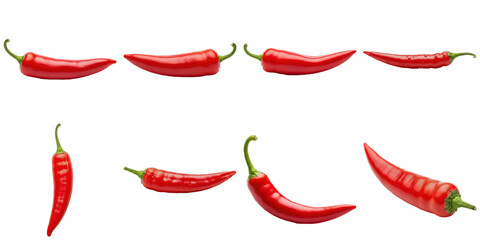 Collection of vibrant red chili peppers in diverse orientations, some with glistening water...