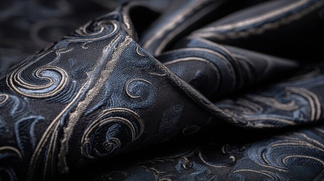 Intricate Silver Thread Embroidered Dark Blue Silk Fabric with Ornate Swirl Patterns