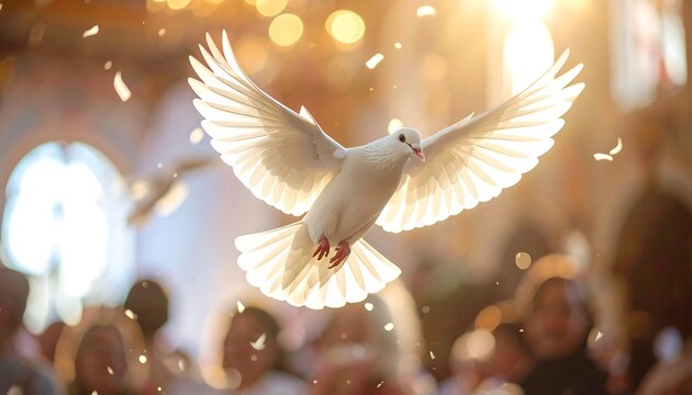 A bright white dove takes flight in a sunlit hall with others around