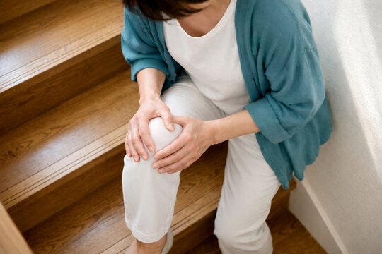 階段を降りる際に膝の痛みを感じて関節を抑えながら座り込むシニア世代の日本人女性