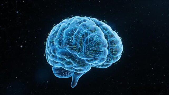 A blue brain with circuits and wires inside
