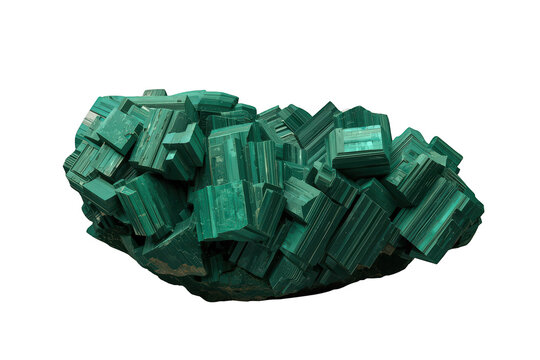 Malachite mineral crystals forming a natural geological cluster pseudomorphing azurite, cut-out on transparent background