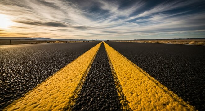 A scenic view of a road with yellow lines on a dark surface leading into the distance under a cloudy sky