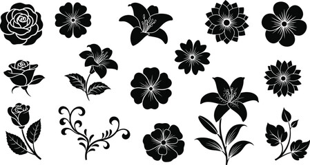 Obraz premium Black and white floral silhouettes with white outlines on plain white background flowers