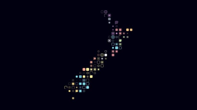 New Zealand animated country shape. Pulsating colored dots on the map of the country. Large size rounded square blocks. Digital style New Zealand map on dark background. Stylish animation video.