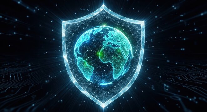 A glowing shield with a globe inside on a dark background with circuit board patterns