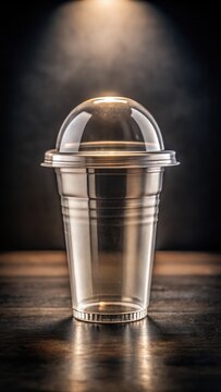 A closeup of a singleuse plastic cup on a black background The cup features a clear lid and a slightly curved rim Shiny, smooth surface with imper