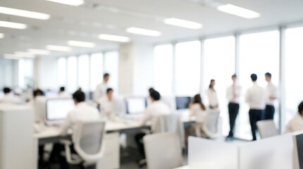 Obraz premium A bustling open-plan office environment shows blurred employees working diligently at their desks and collaborating, depicting a dynamic corporate workspace filled with activity and engagement.