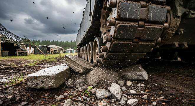 Tank treads crushing concrete blocks at military training grounds showing power and off-road capability under stormy sky
