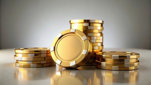 A realistic photo of Gold poker chips isolated on a white background