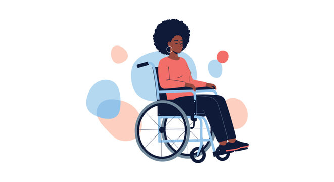 Confident Black woman with a large afro and gold hoop earrings sits in a modern wheelchair against a background of soft colored abstract shapes.