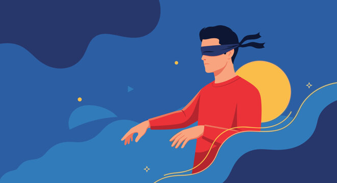 Blindfolded man in a red sweater reaches out with his hands as if searching for something in a dreamlike abstract blue and yellow background space.