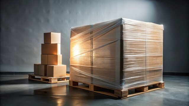 A photo of stretch wrapping film tightly securing palletized goods