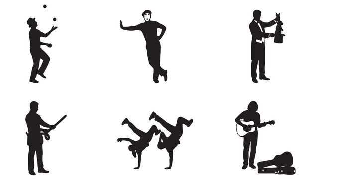 Street Performers Silhouette Set Pack. Editable Vector Illustration. featuring  silhouette, street, performer, art, entertainment, juggling, mime, magician, sword, dancing, breakdance, musician more