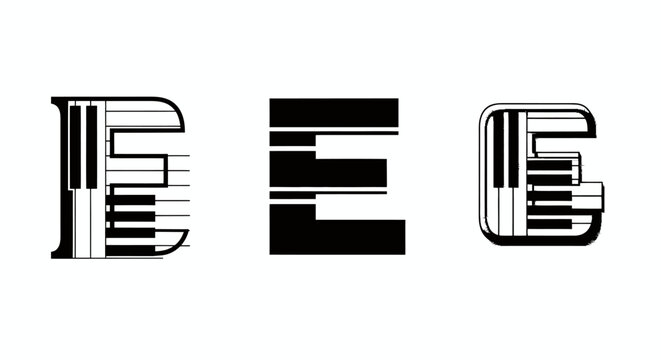 Decorative black and white striped letterform collage spelling DEG in bold geometric style.