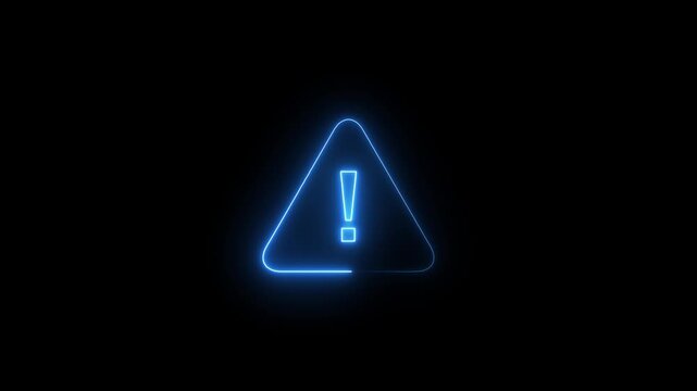 A luminous neon blue exclamation mark is positioned within a triangular border, glowing against a dark black background, signifying a warning, alert, or important notification. Keywords: blue