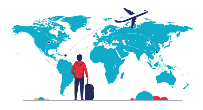 Young traveler with a suitcase standing in front of a blue world map with dotted lines showing global flight paths and routes.
