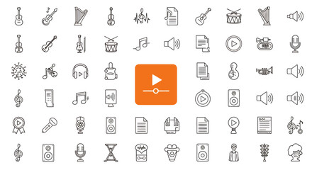 Fototapeta premium Abstract icon gallery with central orange play button surrounded by grayscale symbols.