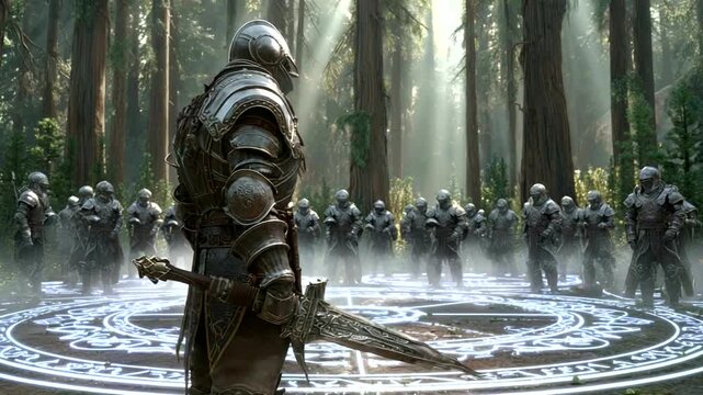Knight in Armor Surrounded by Warriors in Forest