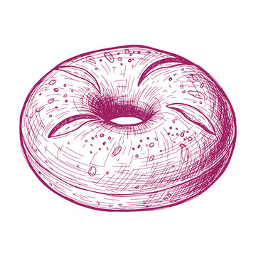 Hand drawn illustration of a purple bagel with seeds on a white background