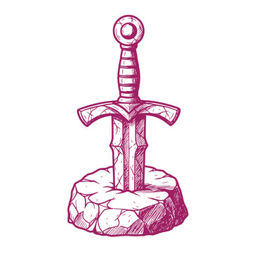 magenta illustration of sword stuck in rock  excalibur  mythical sword in stone