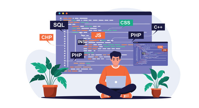 Programmer sitting in a cross legged position using a laptop in front of a screen filled with various coding language tags.