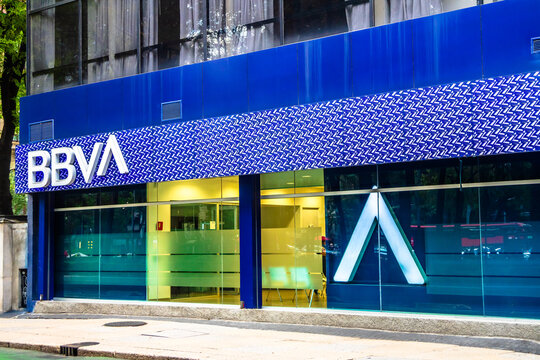 Mexico City, Mexico September 25 2025 BBVA bank facade in Mexico City