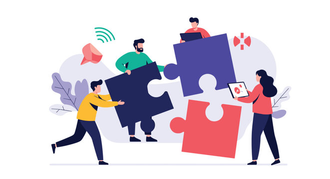 Team of diverse individuals working together to assemble large interlocking puzzle pieces representing effective teamwork and strategy.