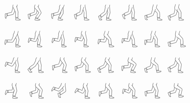Sequential animation frames of a person's legs in motion, illustrating a walking cycle for animation and design projects