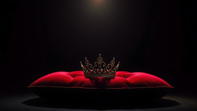 empress. Ornate jeweled crown on crimson velvet cushion, spotlight in dark room. event programs, museum guides, designed for cultural heritage projects and event programs, used by lab technicians.