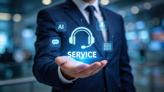 Customer service and AI support concept with headset icon and communication symbols,representing call center assistance chatbot automation and omnichannel business service solution