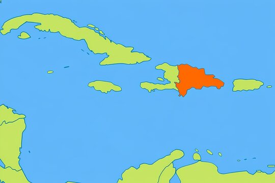 Simple Caribbean map illustration highlighting the Dominican Republic on Hispaniola island, useful for geography education, travel reference and regional location explanation.