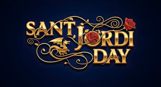 Sant jordi day celebration logo with dragon and rose in gold letters on dark blue background
