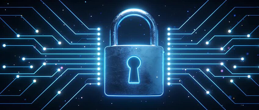 Cyber security data protection lock icon glowing padlock digital network privacy encryption technology firewall safety concept secure connection access control abstract background blue light circuit