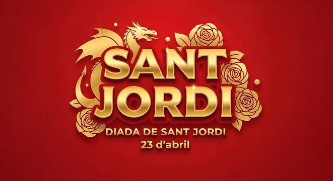 Sant jordi celebration logo with dragon and roses on red background