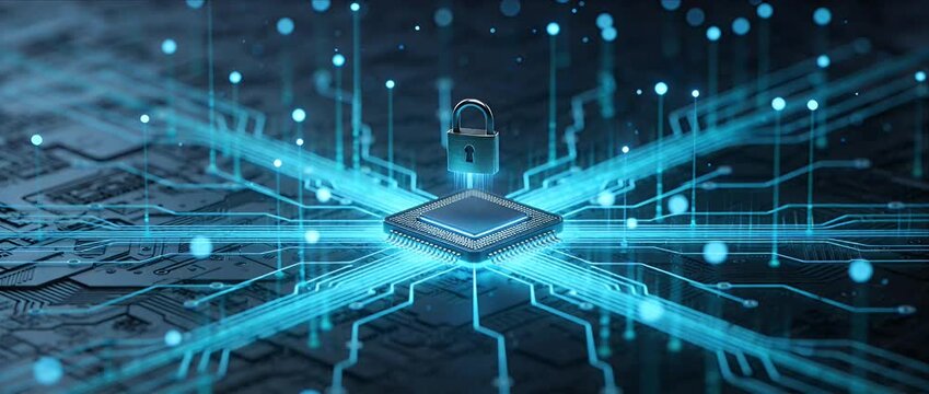 Cyber security data protection concept with glowing lock and circuit board connection around central microchip platform symbolizing safe network privacy control encryption technology and futuristic