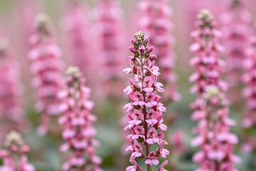 Obraz premium A field of pink flowers that are in the grass