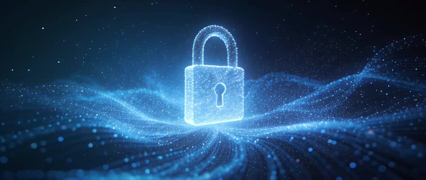Cyber security data protection digital padlock lock glowing blue abstract wave network privacy encryption technology background modern future concept secure communication connection futuristic