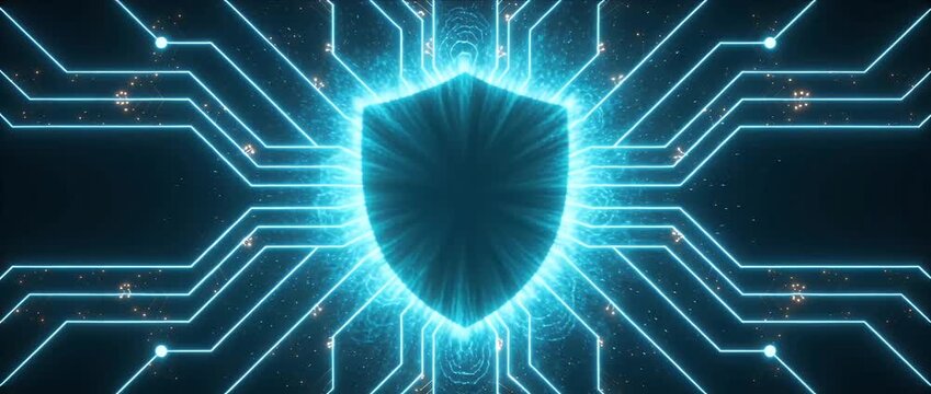 Cyber security shield glowing digital circuit protection futuristic network data safety defense abstract technology concept background with neon glow energy center power firewall and bright blue
