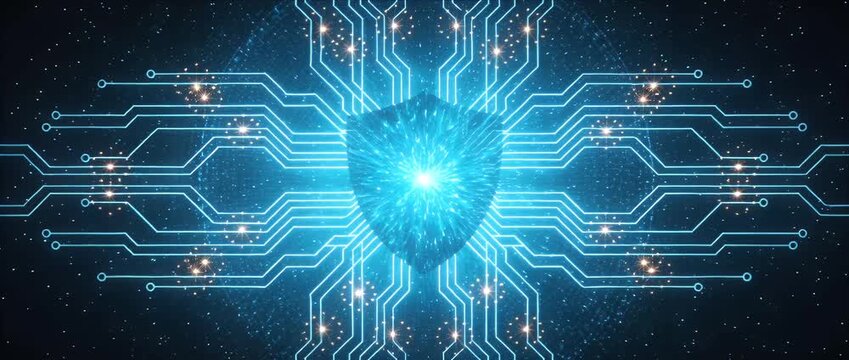 Cyber security shield digital network protection glowing circuit board data safety firewall abstract technology background secure system encryption defense innovation future with glowing blue digital