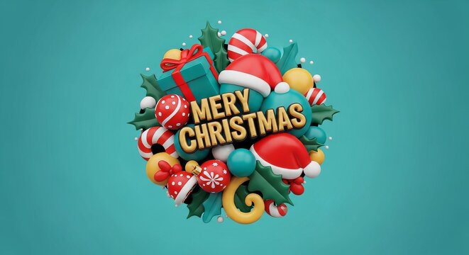 Colorful Christmas Decoration with Mery Christmas Text on Green Background