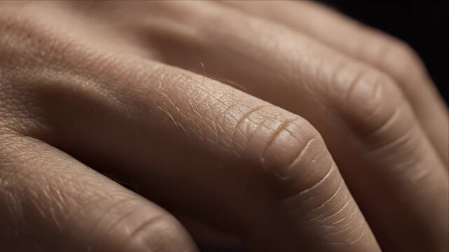 Detailed close-up of a human hand, emphasizing the natural skin texture, delicate creases, and subtle lines visible on the knuckles and fingers, illuminated by soft ambient light