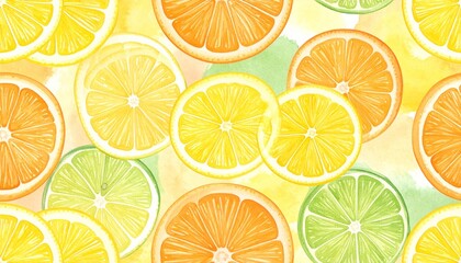 Obraz premium Vibrant Watercolor Citrus Slices Pattern - Fresh Lemons, Limes, and Oranges Background
