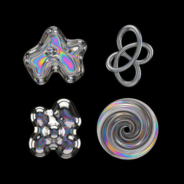 Holographic Chrome Abstract Liquid Form, Modern Y2K Metallic Design Element for Posters and Digital Graphics