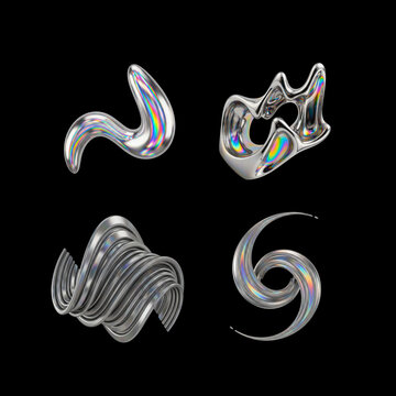 Chrome Liquid Metal Abstract Shape with Holographic Gradient, Modern Futuristic Y2K Design Element