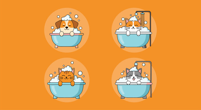 Adorable set of cartoon pets including a dog and cats taking a bubble bath in blue tubs for grooming and hygiene themes.