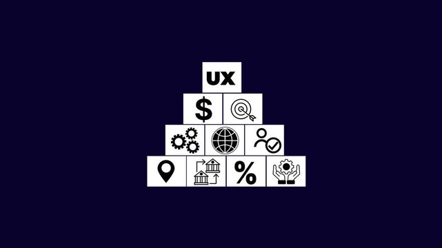 OX pyramid diagram with icons for finance, global network, idea, document, and people icon. Digital marketing concept, online advertisement, ad on website and social media.